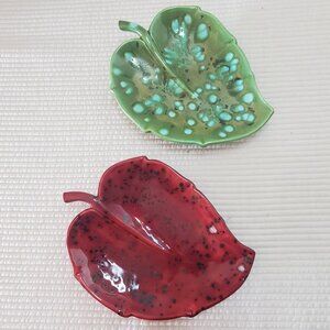 2 Ceramic Leaves Candy Trinket Dish Vintage 7"x5.5" Handmade Signed Red Green